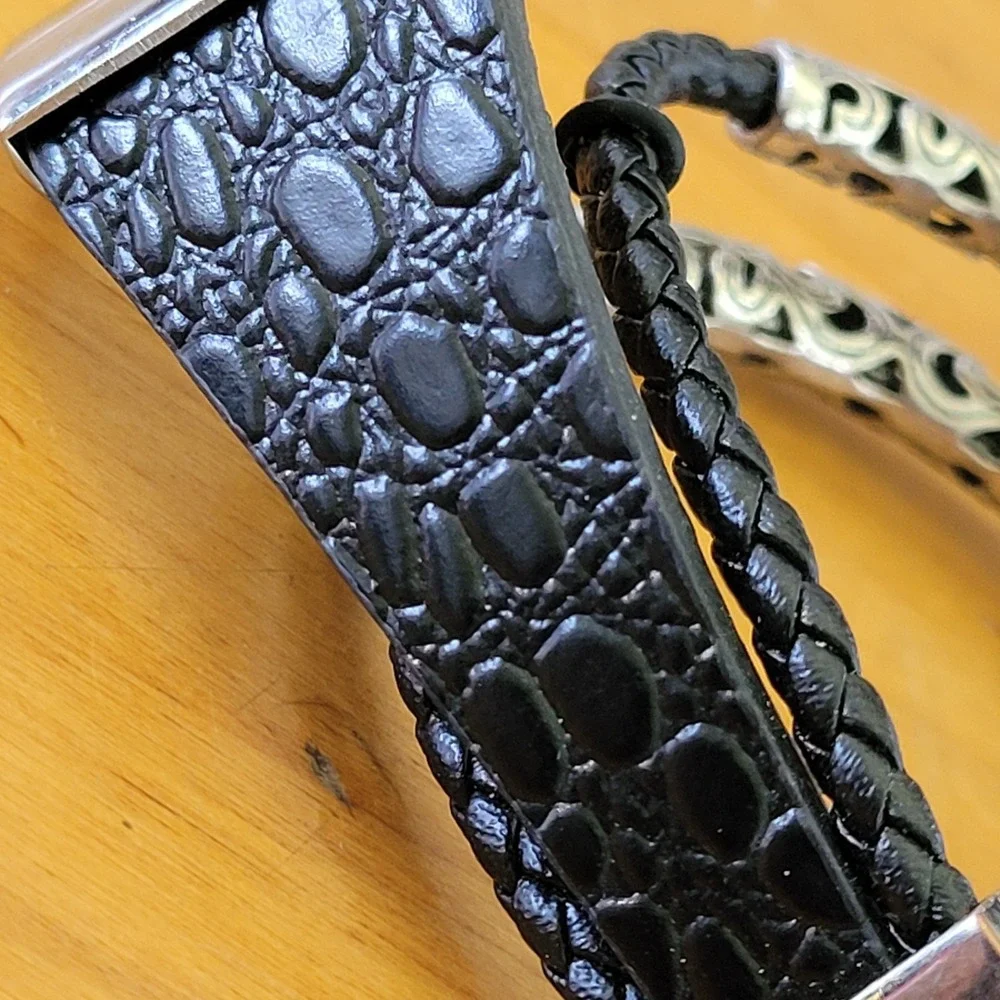 Black Faux Leather Multi Strand Bracelet Silver Tone Gothic 36g